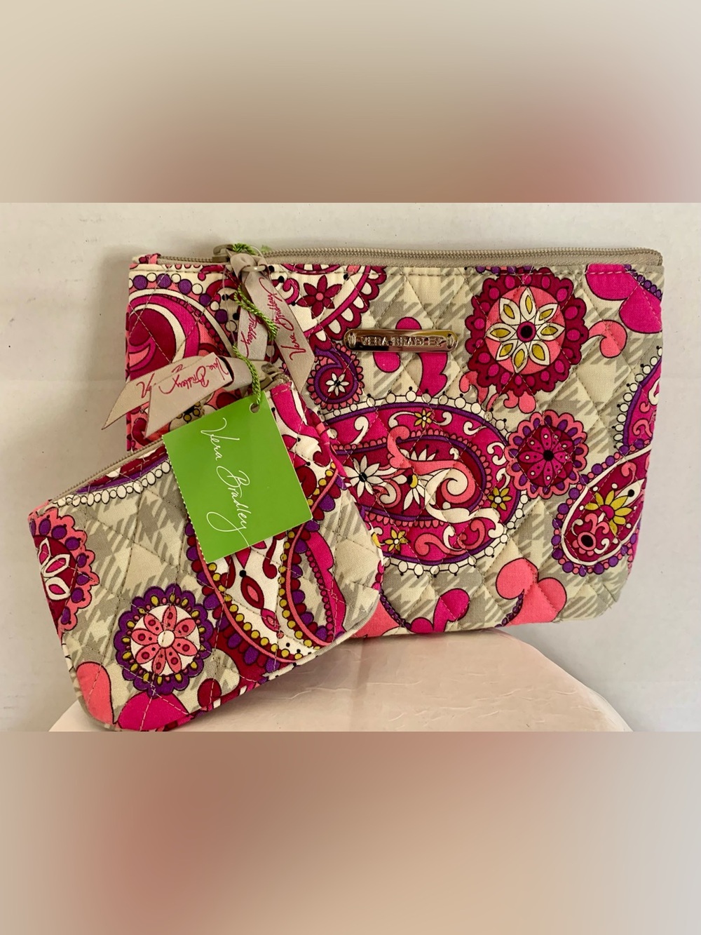 Vera Bradley Pink Paisley Quilted Cosmetic Pouch Set